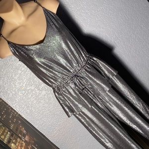 H&M - NWT - pocketed jumpsuit: silver w adj. straps, lining, peplum, ties - 12